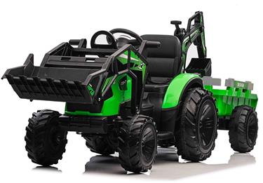 EL traktor  med frontskopa + grävmaskin + släpvagn för barn 21,6V Grön
