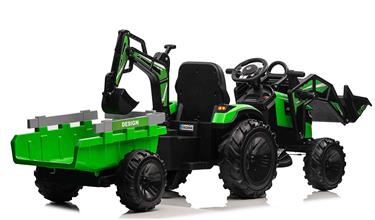 EL traktor  med frontskopa + grävmaskin + släpvagn för barn 21,6V Grön-3