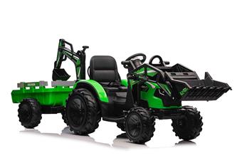 EL traktor  med frontskopa + grävmaskin + släpvagn för barn 21,6V Grön-7