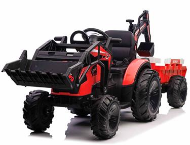 EL traktor  med frontskopa + grävmaskin + släpvagn för barn 21,6V Rød