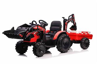 EL traktor  med frontskopa + grävmaskin + släpvagn för barn 21,6V Rød-4